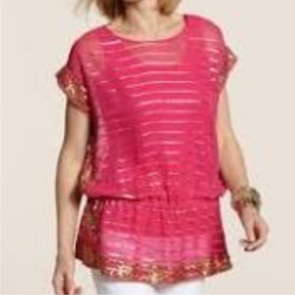 PLUS Chico’s Pink & Gold Semi Sheer Sequin Stripes Medallion Blouse Size 20 - Picture 2 of 8
